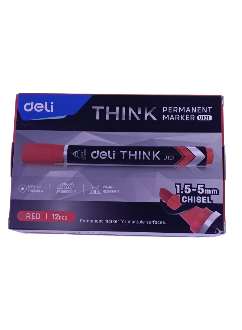 ديلي قلم تحديد دائم Deli U101، رأس إزميل 1.5-5 مم، أحمر، عبوة من 12 قطعة - Image 1